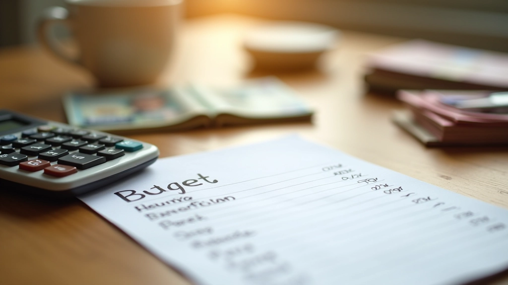 Kalkulator, banknoty, notatnik z kolumnami kategorii wydatków, długopis na biurku