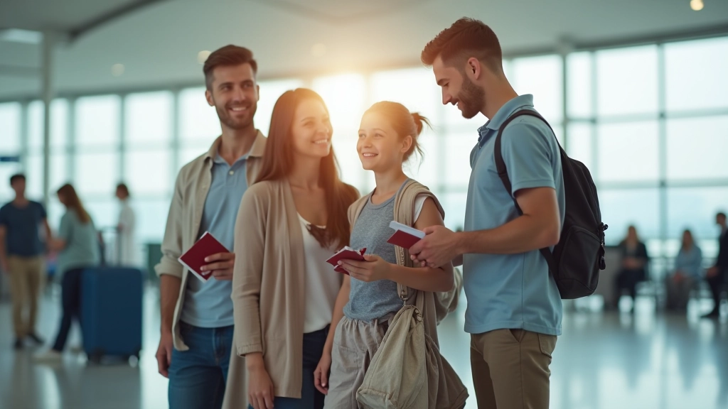 Rodzina czeka na lotnisku, bilet i paszport w ręku, terminal lotniska w tle