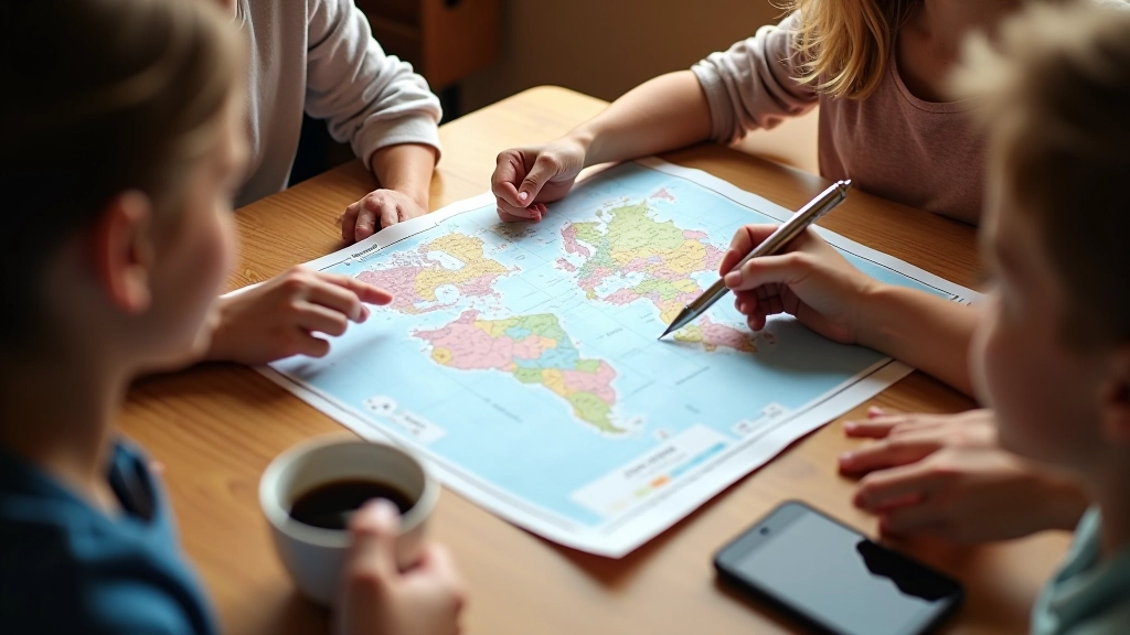 Rodzina patrzy na mapę podróży przy stole, dokumenty dotyczące rezerwacji hoteli rozłożone