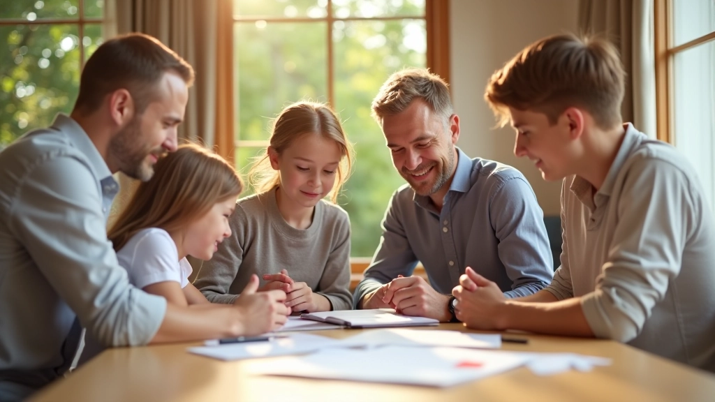 Rodzina patrzy na plan budżetu wakacyjnego, rozmowa przy stole, notatnik z listą wydatków