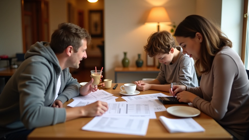 Rodzina siedzi przy stole, patrzy na rachunek, rozmowa o budżecie