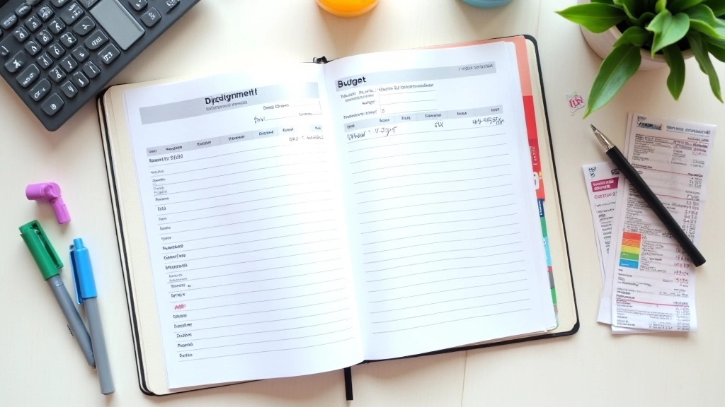 Otwarty notatnik z tabelą porównawczą zaplanowanych i rzeczywistych wydatków, kalkulator, długopis na biurku