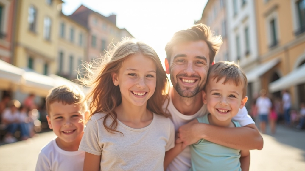 Rodzina na europejskim placu, szczęśliwi i zrelaksowani podczas wakacji