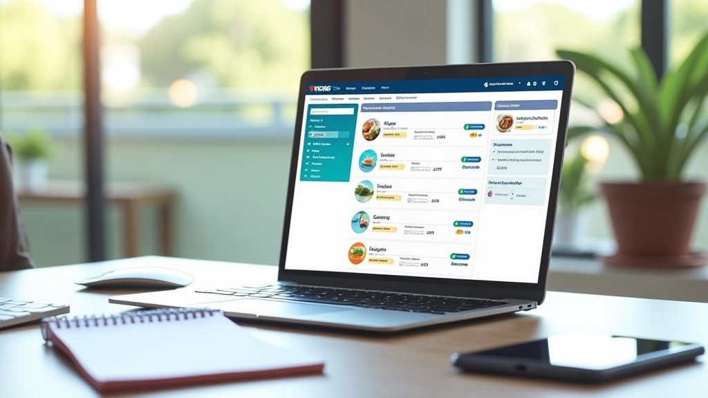 Laptop pokazujący portal rezerwacji hoteli, ikony promocji i ofert last-minute