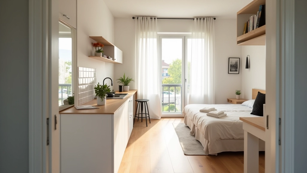 Apartament z dwoma sypialniami, kuchnia i salon, widok z balkonu na miasto