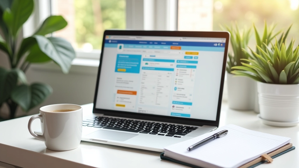 Laptop z otwartymi kartami portali rezerwacyjnych, biały filiżanką kawy na biurku, notes z listą ofert