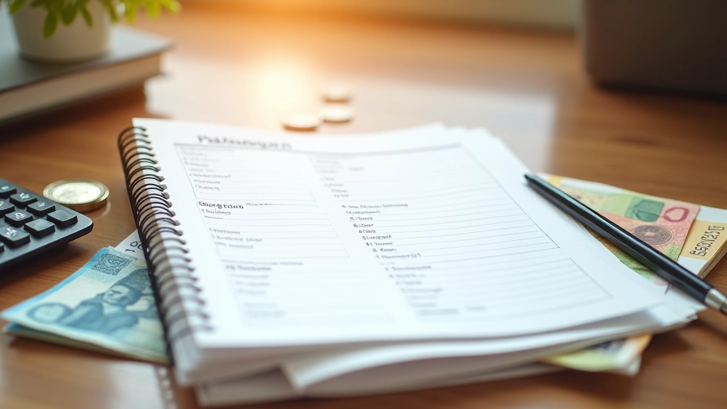 Notatnik z planem wydatków dziennych, kalkulator, pieniądze w walucie zagranicznej