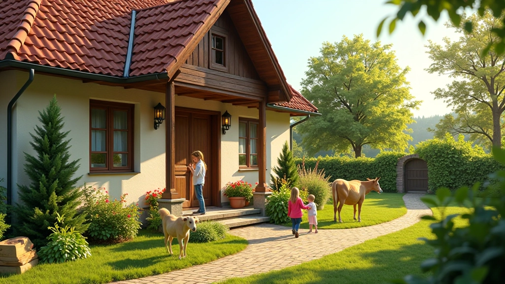 Wiejski domek z zielonym ogrodem, kozy i kurki na podwórzu, rodzina z dzieckiem przy drzwiach