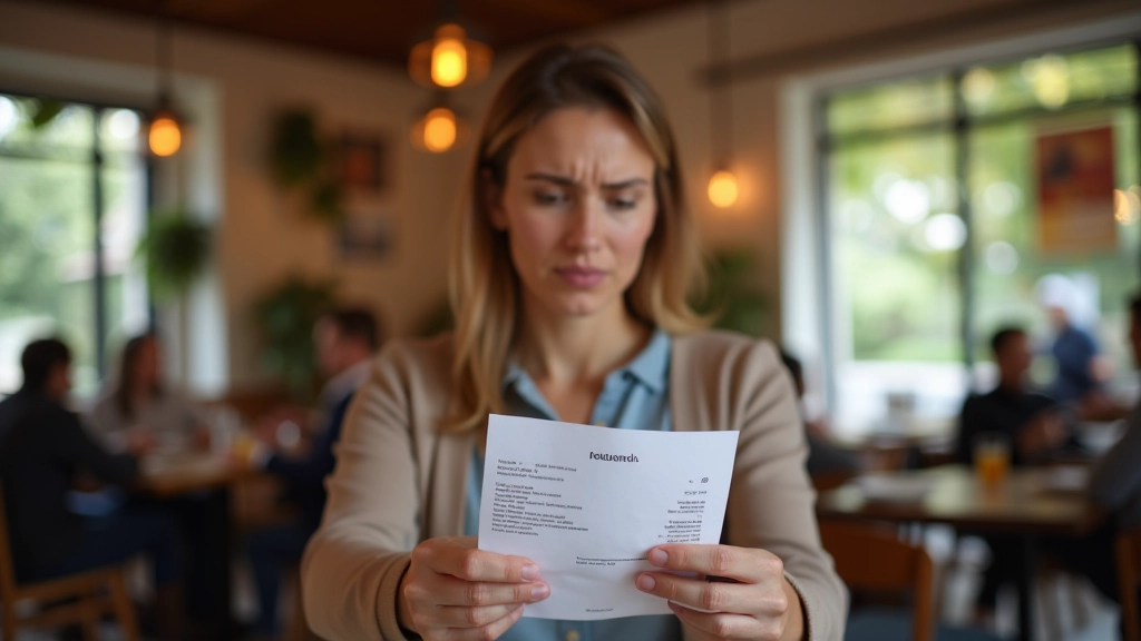 Turystka patrzy na rachunek w restauracji, laptop z kursami walut, notatki na papierze