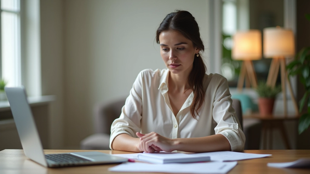 Osoba siedząca przy biurku z otwartym laptopem, notatkami i paragonami, analizuje wydatki z wakacji