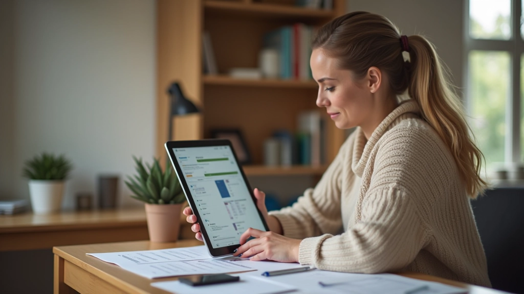 Kobieta przeglądająca oferty wyjazdów na tablecie, notatnik z notatkami o budżecie wakacyjnym