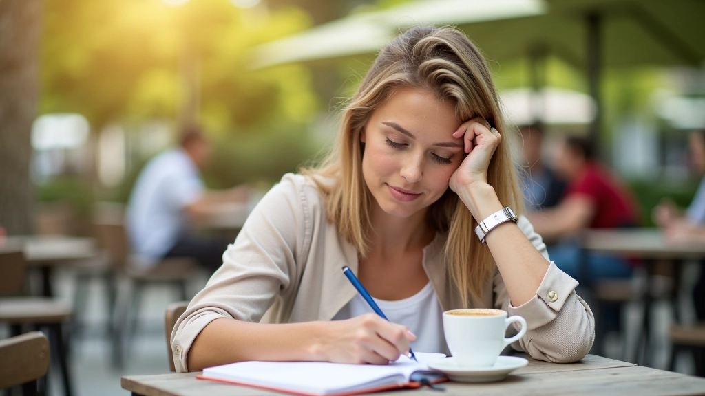 Kobieta notuje wydatki na smartfonie w kawiarni, espresso na stoliku, słoneczny dzień